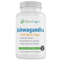 정품 PhytoLogica 흑후추 유기농 아슈와간다 캡슐 스트레스 완화 포뮬러 호르몬 지원 에너지 수준과 기분 정상화에 도움 GMO 프리 글루텐 비건 천연 60캡슐
