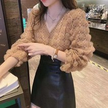 디자인 센스 미니 웨이브 레이스 셔츠 여성 2022 봄가을 프렌치 달콤한 브이넥 블라우스 유니크한 상의