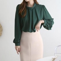 브이와이 여자 반목 모크넥 핀턱 맞주름 퍼프 긴팔 블라우스