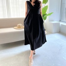 네모엔룩 여성용 브이코튼 V넥 민소매 롱 원피스