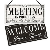 Putuo Decor Meeting in Progress 도어 행거 사인 Please Knock Sign 사무실 비즈니스 호텔 클리닉용 25.4x12.7cm(10x5인치, Black/White