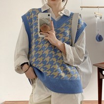 코지 여자 유니크 하운드체크 브이넥 니트베스트 조끼