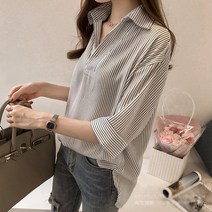 쉬블림로브 스트라이프 브이넥 7부 블라우스 셔츠_0607