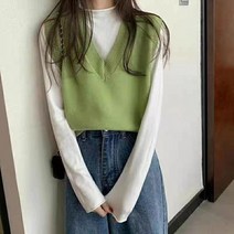 여성경량패딩 짧은 느슨한 빈티지 v 넥 풀오버 스웨터 여성용 민소매 겉옷 2023 봄 가을