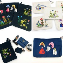 고급 누비 손자수 파우치 초충도 꽃신 한복자수, 블랙-A형