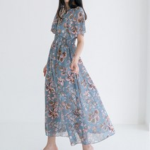 여름 바캉스룩 브이넥 반팔 에스닉 쉬폰 롱 랩 원피스