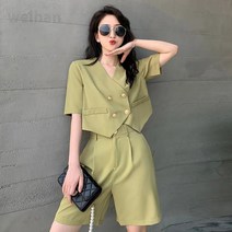 K.ONLIE SHOP여자 여름 투피스 반팔 쉬폰 브이넥 반바지 세트 면접 정장 여성오피스룩 여성정장세트