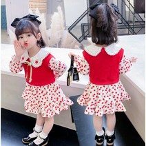 아짱 키즈여아원피스+조끼세트 키즈여아 봄가을신상 체리원피스조끼세트