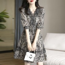 2022 레트로 화려한 V 넥 자수 우아한 페이즐리 패턴 프린트 쉬폰 미디 드레스