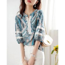 블라우스여 여름칠부셔츠 프린트브이넥반팔상의 뉴타임즈 B399L928