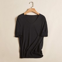 뽕나무 실크 v 넥 짧은 소매 스웨터 느슨한 캐시미어 혼합 스트레이트 슬리브 하프 패션 니트 티셔츠 여성, 02 Black_02 XL