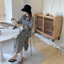여성 단가라 줄무늬 롱원피스 반팔 휴양지룩 트렌드 러블리룩 맥시원피스 시밀러룩