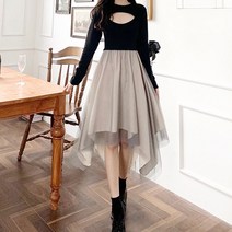 블링앤수 여성 가슴트임 긴팔 플레어 레이스 원피스 KZZ369