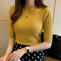 스타일아유 여성 라일리 골지 슬림 반목 5부 니트 티셔츠 [AYA8KN0108]