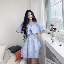 오프숄더 스트라이프 캉캉 프릴 원피스