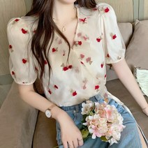 해외퍼프소매 셔츠 여름 장미꽃 자수남방 여성 디자인감각 보이핏 볼륨