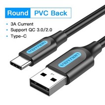 Vention USB C타입 고속 충전 케이블 USB 2.0 USB C 3A 케이블 데이터 케이블 삼성 S8 샤오미 화웨이 LG용, 3m, COK Black