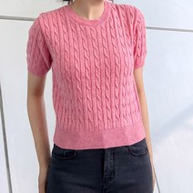 마켓메이트 울 꽈배기 반팔 니트 라운드넥 간절기 세미 크롭 여성 티셔츠 봄 가을 겨울