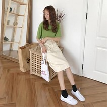 마롱패션 미디 스커트 핀턱 리본벨트 뒷밴딩 밴딩