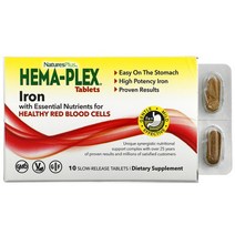 NaturesPlus (네이처스플러스) Hema-Plex 건강한 적혈구를 위한 필수 영양소와 철분 함유 서방형 정제 10정, 30 개