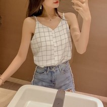 휴양지룩 체크패턴 캐쥬얼 브이넥 나시티 3종