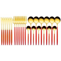 캠핑수저 스테인리스 스틸 식기 골드 나이프 포크 럭셔리 커트레이 선물 주방용 24 개, 15.red gold