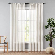 Central Park 리넨 봉 포켓 시어 커튼 천연 리넨 혼방 시어 드레이프 농가 소박한 캐주얼 창문 트리트먼트 세트 거실 침실용 132x160x50cm(52x63x2인치)