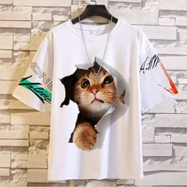 남녀공용 커플티 고양이티셔츠 루즈핏 반팔 입체그림