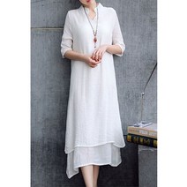 여성 여름 화이트 린넨 벨트 7부소매 원피스 ET+5342EA