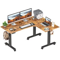 FEZIBO Triple Motor L자형 전기 스탠딩 데스크 160cm(63인치) 높이 조절 가능한 스탠드업 코너 책상 스플라이스 보드가 있는 앉은 스탠드 워크스테이션 블랙, Rustic Brown