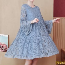 잇츠스타일 [L-5XL] 루즈핏 라운드넥 레이스 플레어 슬리브 긴팔 미니 원피스
