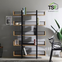 티에스퍼니처 TS15 가림막 철망책장 5단1200 철재책장 선반 책장, 블랙프레임/상판 아카시아