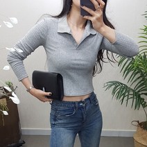 제이후 슬림 골지 스판 카라 긴팔 타이트 숏 크롭 티셔츠