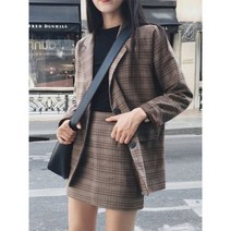 레트로 체크무늬 블레이저 세트 싱글 브레스트 자켓 연필 스커트 투피스 정장 여성 오피스 블레 이저 격자 무늬