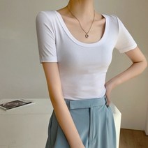 기타 16컬러 U넥라인 골지 반팔 티셔츠 기본티 이너티 캐주얼 무지티 코디룩 레이어드 데일리 슬림핏 스퀘어넥
