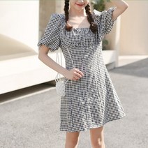 알리팡(Alipang) 여성 봄 여름 반팔 반소매 반팔원피스 스케이터원피스 미니원피스 퍼프소매 퍼프원피스 여성스러운 스퀘어넥 깅엄체크 체크원피스 체크패턴