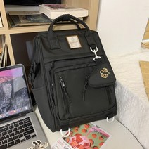 심플 캠퍼스 백팩+작은 파우치 2종세트 캐주얼 지퍼형 라벨 포인트 케이크 자수 나일론 데일리 책가방 스쿨백 캠핑 등산 노트북가방 여행용 스몰/빅사이즈