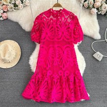 여름 후크 꽃 자수 구멍 뚫린 여성 드레스 스탠드 칼라 랜턴 슬리브 바닥이 있는 서스, Rose Red 06+XL