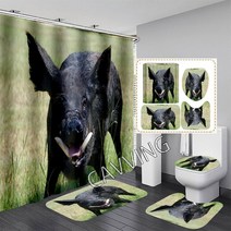 멧돼지올무 야생동물방지 트랩 야생돼지 3D 인쇄 샤워 커튼 방수 욕실 미끄럼 방지 목욕 매트 세트 화장실, 18 4PCS Set-F