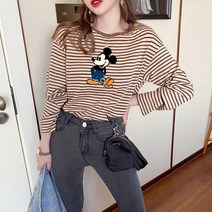 여성 미키 라운드 긴팔 티셔츠 봄가을 상의