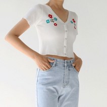 제이블랑 브이넥 플라워 미니 가디건