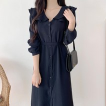 넷투넷코리아 여성 롱 원피스 쉬폰 브이 카라 A라인 캐주얼 오피스