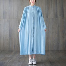 도오빠 유클리 여성 롱 셔츠 원피스 스트라이프 긴팔 플레어 빅사이즈 헨리넥 맥시원피스 봄 가을 여자원피스