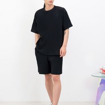 라운드넥 넉넉한 반팔티 신축 밴딩 남성 반바지 세트 여행룩-72394EF