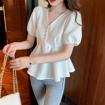 플레어 밑단 진주장식 포인트 퍼프소매 블라우스