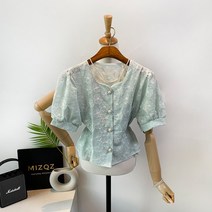 디아나 플라워 자수 진주 보석 버튼 퍼프 소매 반팔 자켓 블라우스 2color