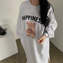 [비비애르] 해피 베어 곰돌이 코튼 롱 원피스 봄 쭈리 맨투맨 퍼프 벌룬 홈웨어 빅사이즈원피스