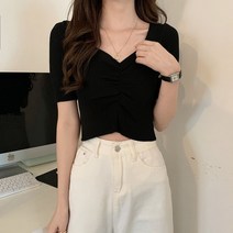 지9차이나 단색 브이넥 실크 반팔 탑 티셔츠