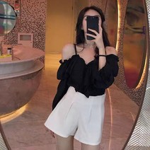 쉬폰 어깨끈 언발 러플 슬리브 프릴 오프숄더 블라우스 오프숄더 여자 포인트 무드 숄더