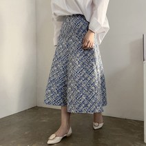 [비비애르] 고급스런 자가드 핀턱 A라인 훌 롱 스커트 도톰 뒷밴딩 플레어 나염 페미닌룩